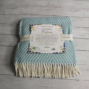Made in Spain Throw Blanket Blue Cream with Fringe Cotton Blend